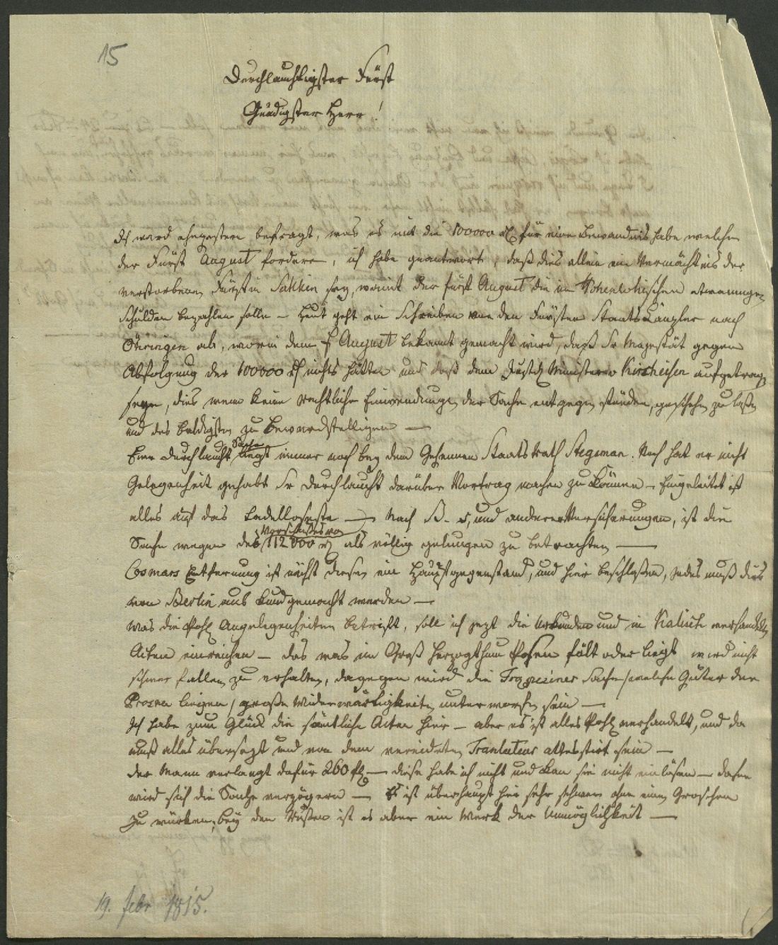 Manuscript page 1 of letter 15