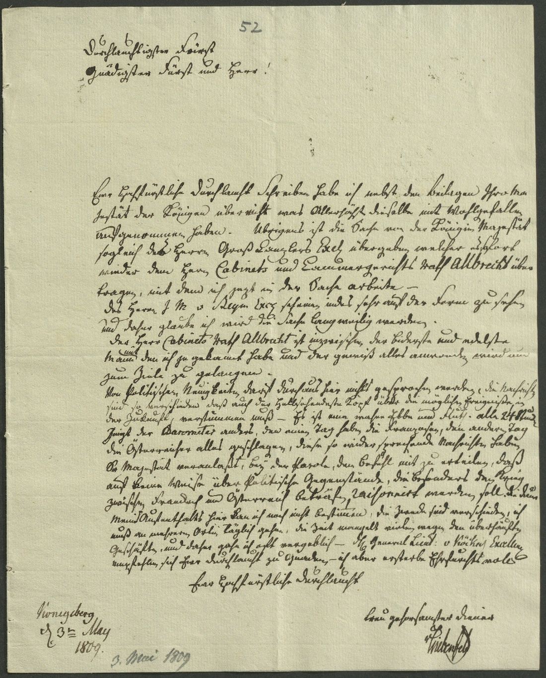Manuscript page 1 of letter 52