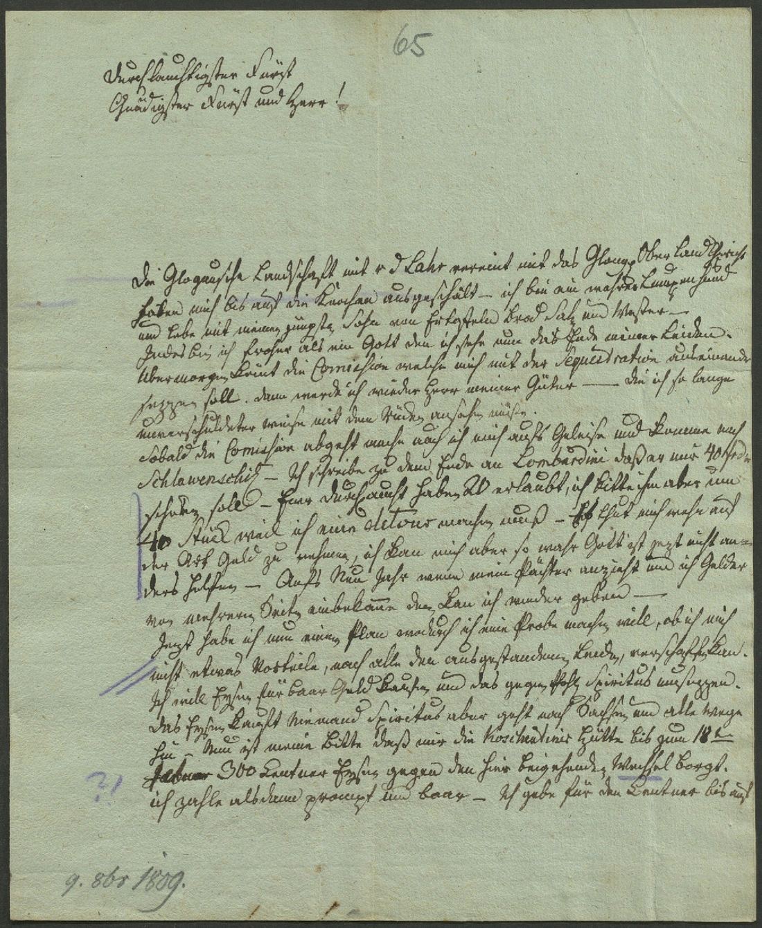 Manuscript page 1 of letter 65