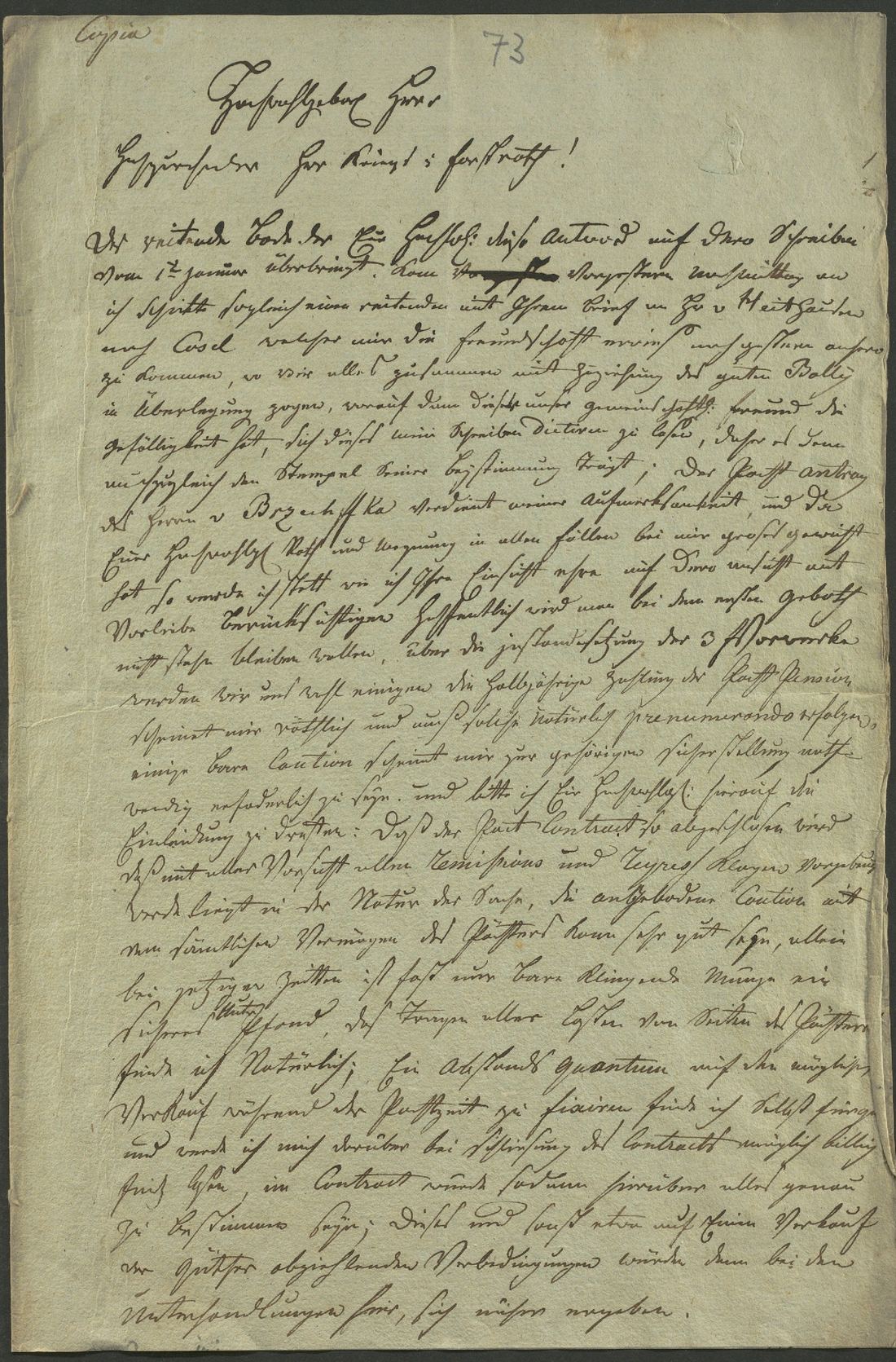 Manuscript page 1 of letter 73