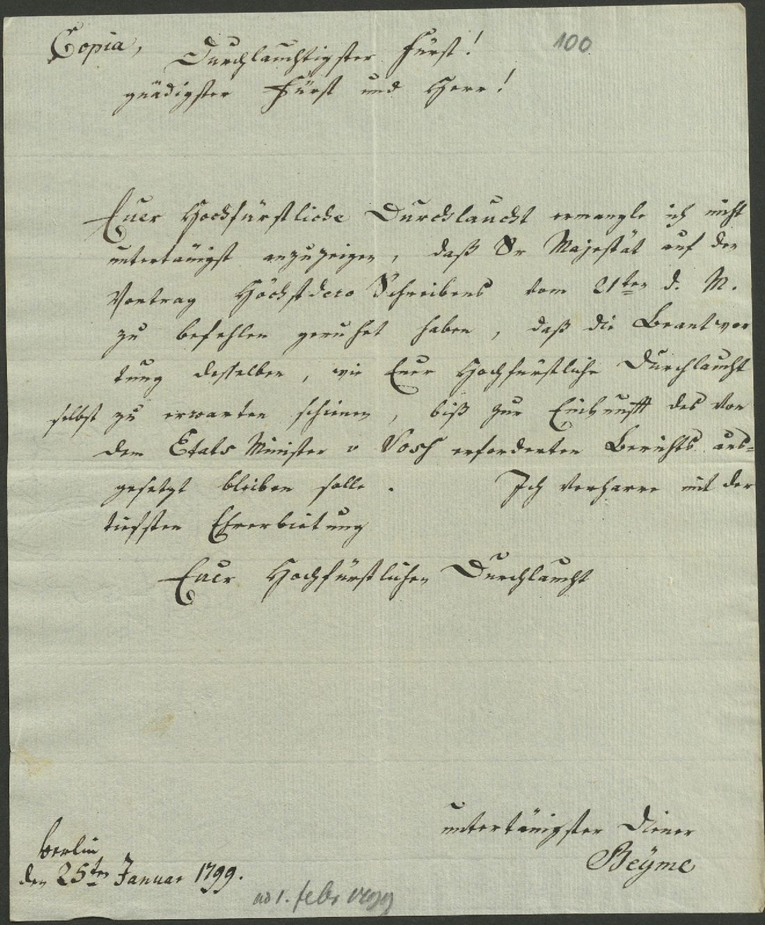 Manuscript page 1 of letter 100