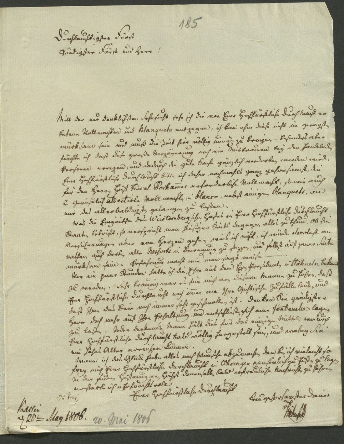 Manuscript page 1 of letter 185