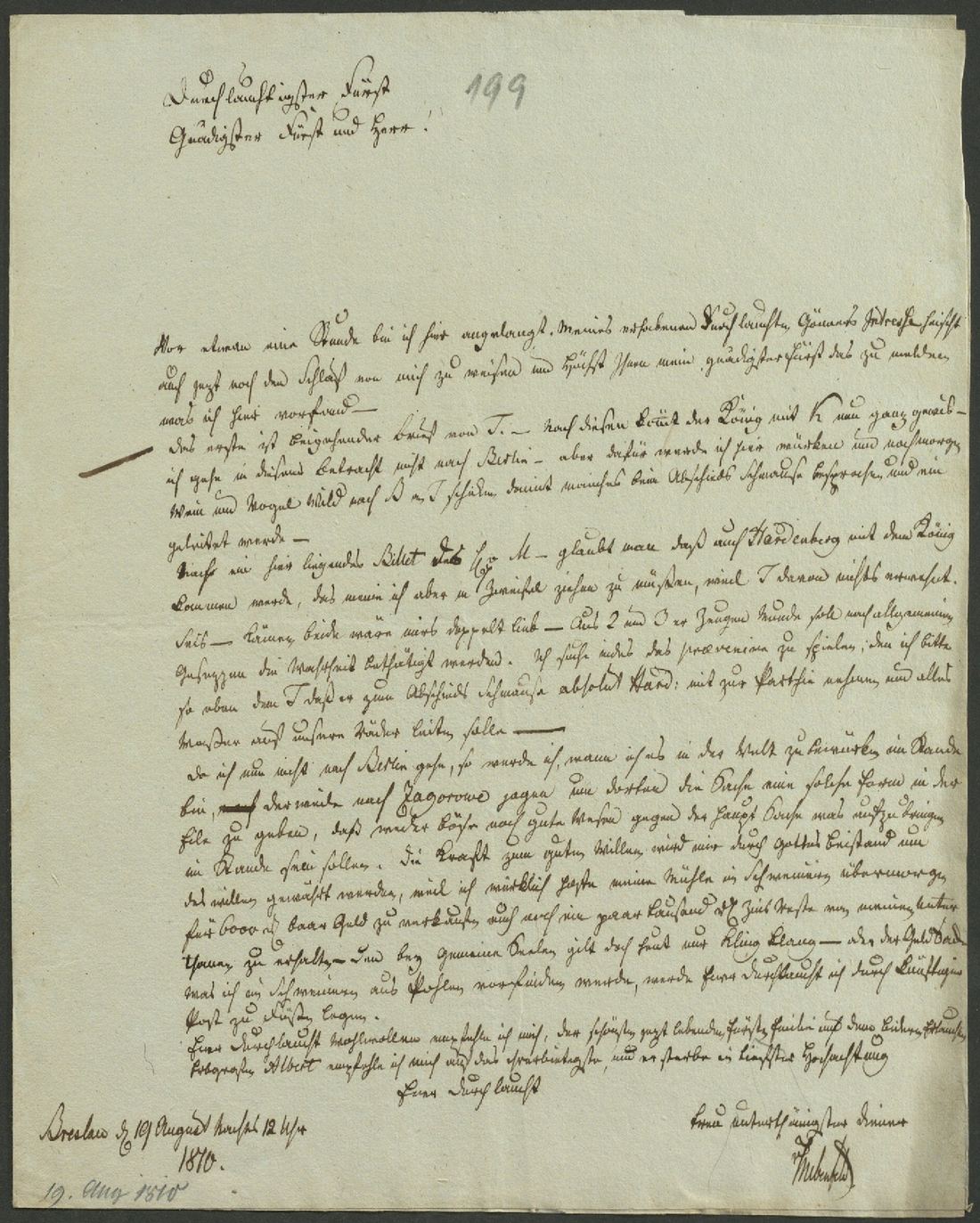 Manuscript page 1 of letter 199