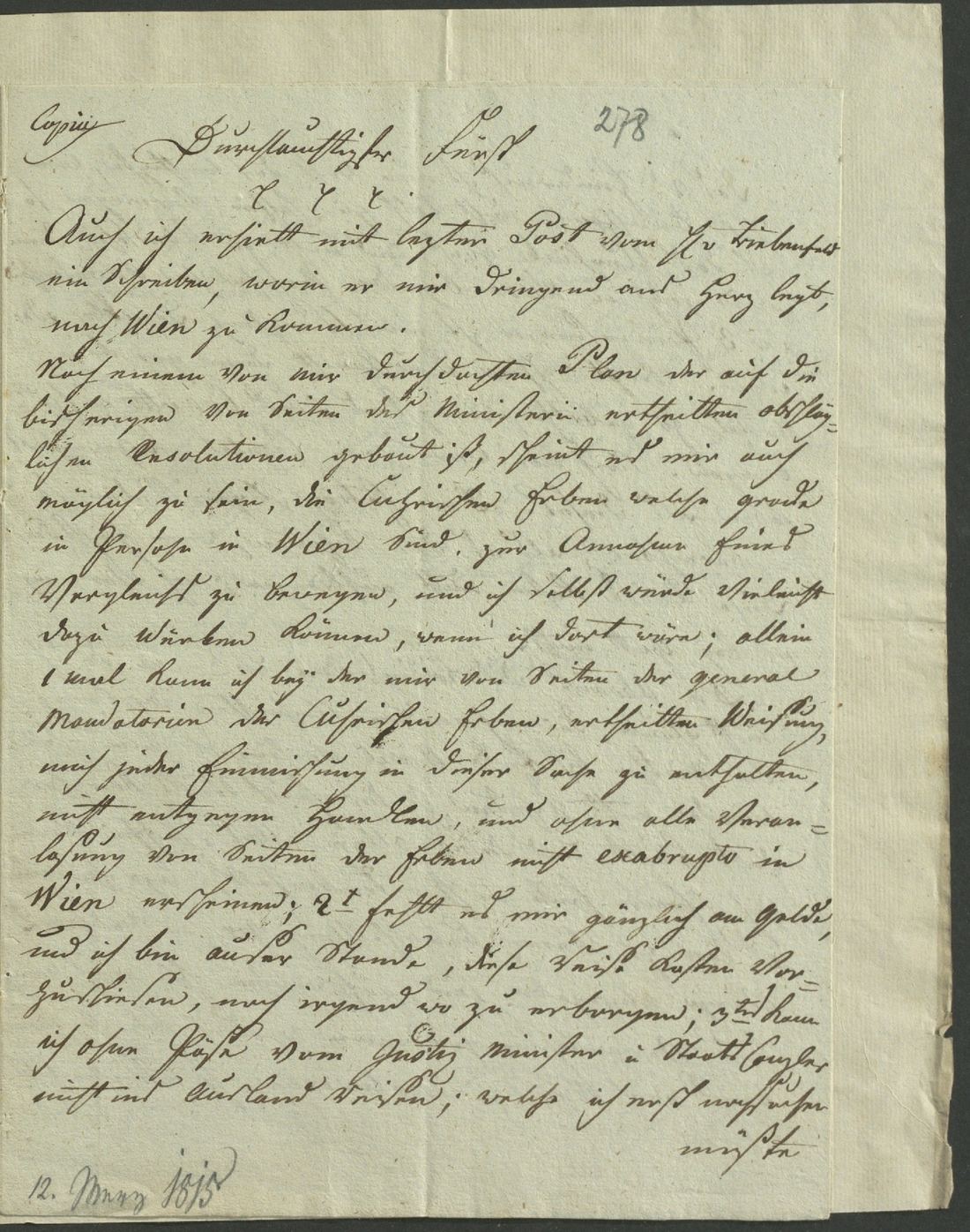 Manuscript page 1 of letter 278