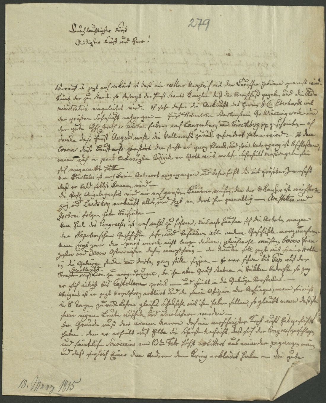 Manuscript page 1 of letter 279