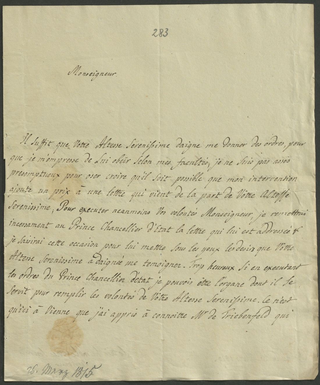 Manuscript page 1 of letter 283
