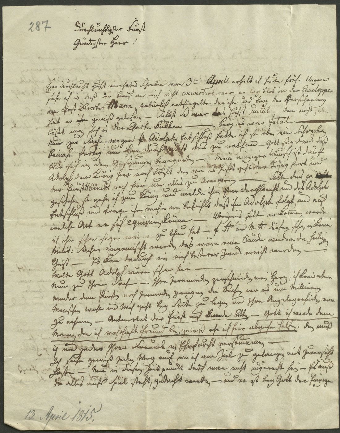 Manuscript page 1 of letter 287