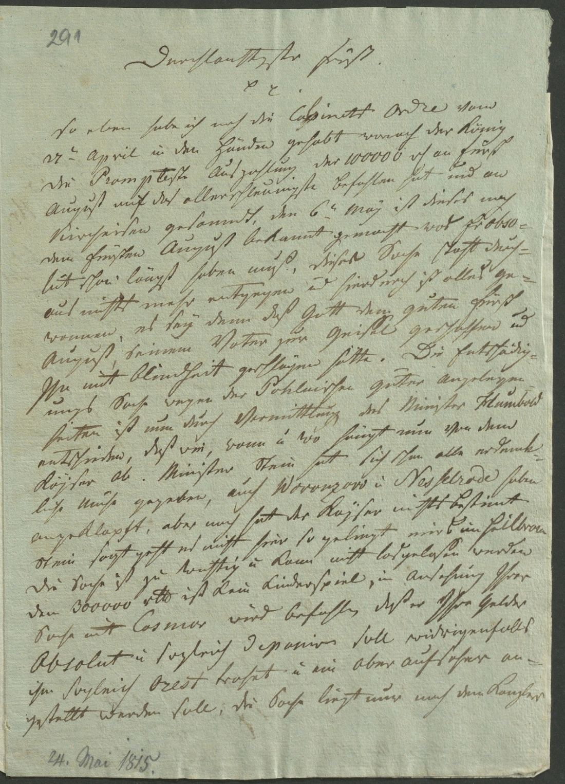 Manuscript page 1 of letter 291